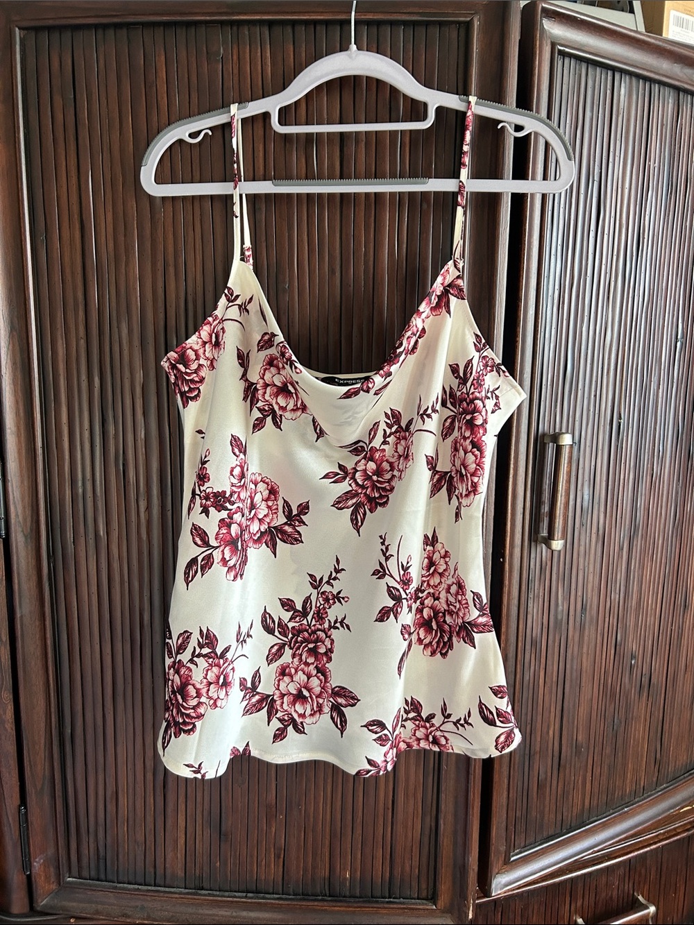 Express Ivory Cowl Neck Camisole with Burgundy Floral Print
